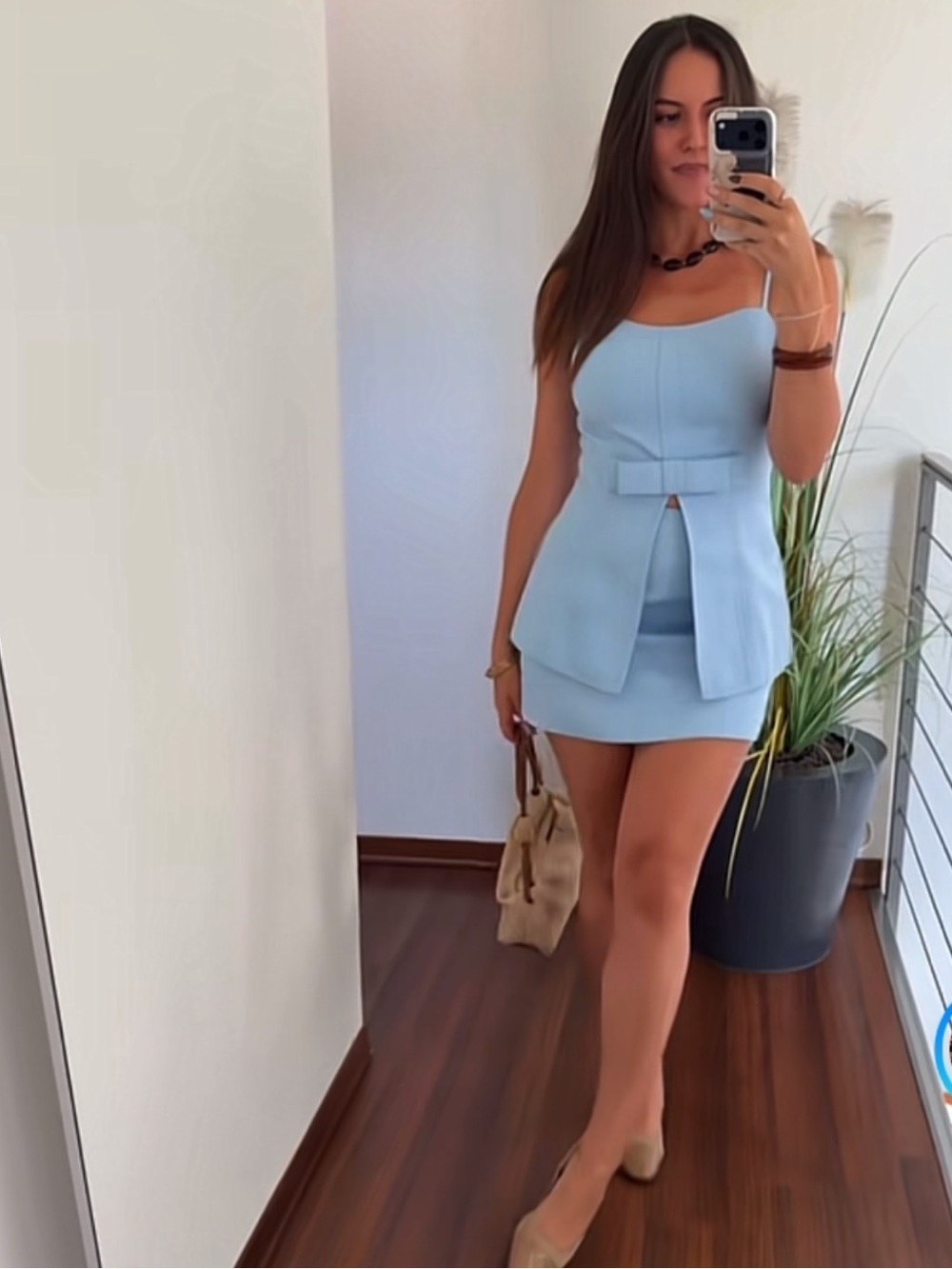 Commense Bow Detail Slit-Front Top and Mini Skirt Set Size Small NWT